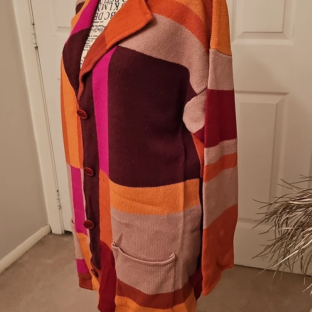 ORANGE MULTI COLOR BUTTON DOWN SWEATER - Picture 3 of 9